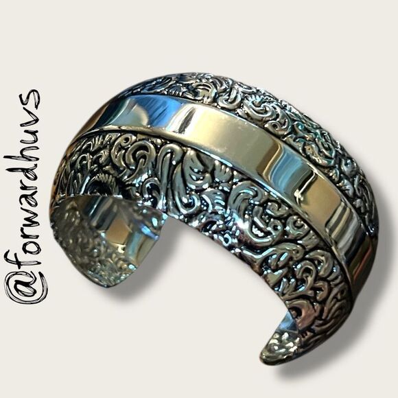 Bundle Sale 3 for $15 | Silver Tone Cuff Bracelet – Ornate Floral & Vine Motif - Picture 4 of 6